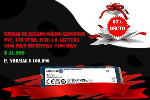 imagen de ofertas de apertura ZeroLag, Unidad de Estado Sólido Kingston NV2, 1TB NVMe, PCIe 4.0, 62% de descuento, a $41.990 con transferencia, precio normal $109.990